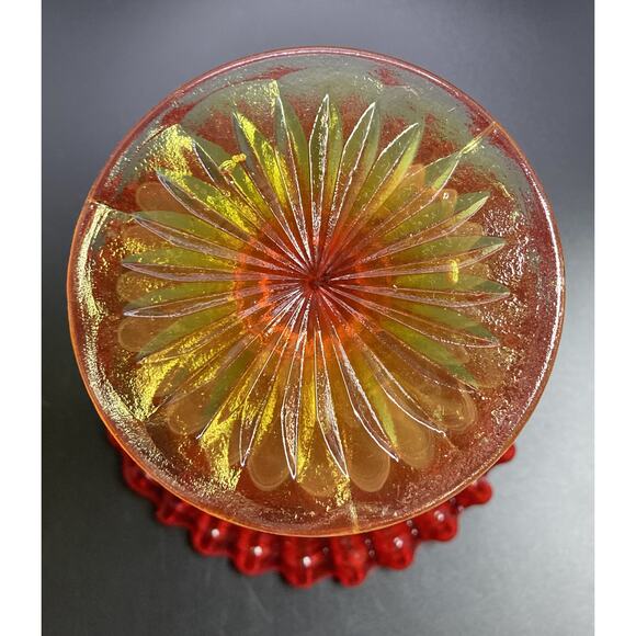 Fenton? Amberina Red / Orange Art Glass Ruffle-Edge Pedestal Bowl - Ornate Dish - Picture 3 of 12
